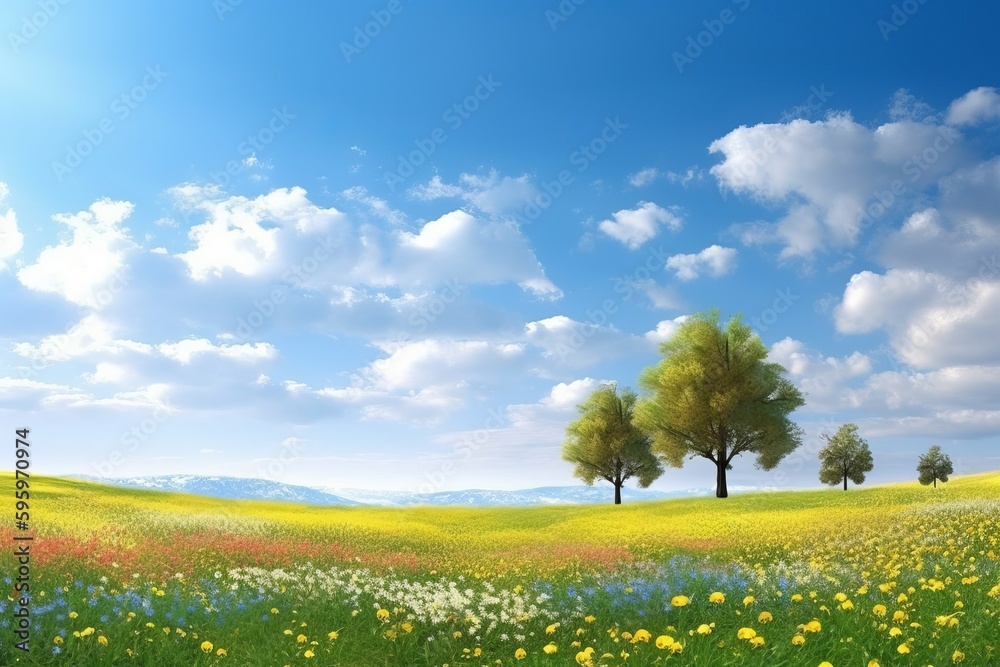 Obraz premium Spring landscape with blooming flowers from generative ai