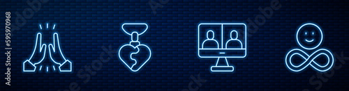 Set line Video chat conference, Informal greeting, Necklace with heart shaped and Friends forever. Glowing neon icon on brick wall. Vector