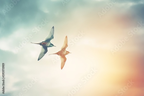 Two birds flying in the sky, sky background from generative ai