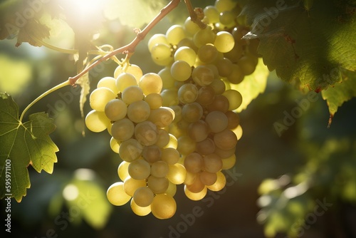 White wine grapes on vine beautifull sunlight from generative ai