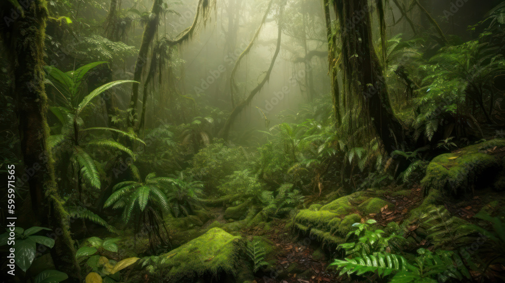 Fototapeta premium impenetrable rainy forest with misty haze. Generative AI