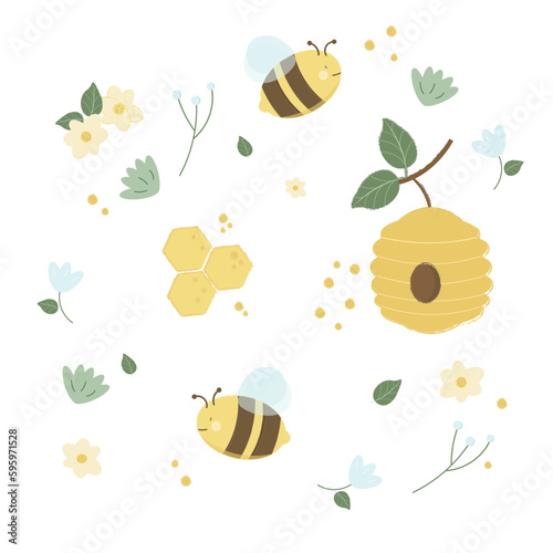sweet set with bee, flowers, leaves, honey