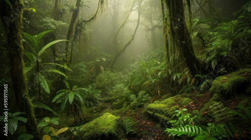impenetrable rainy forest with misty haze. Generative AI