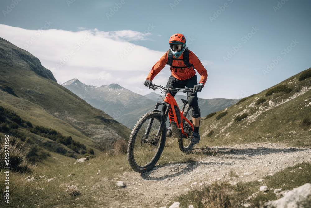 Rider with enduro mountain bike electric bike. Generative AI
