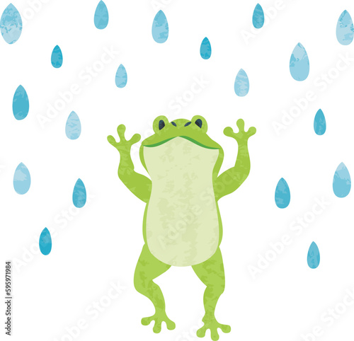 6月　梅雨　雨粒とカエルのイラスト