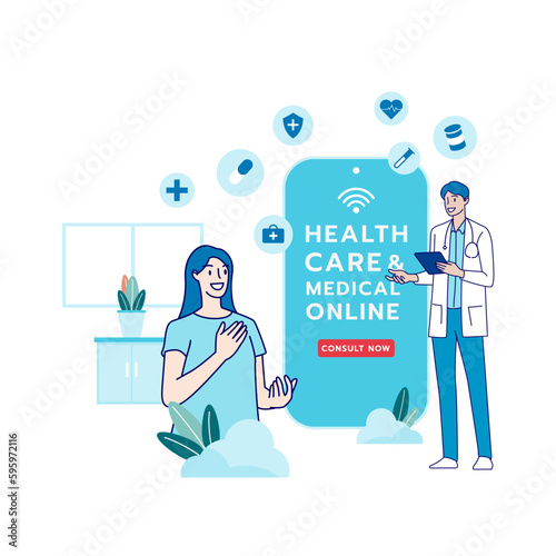 Telehealth, telemedicine, online doctor, online clinic and medical service online. Healthcare, medical, telemedicine, Telehealth concept. Patient consultation. Hand draw style. Vector illustration.