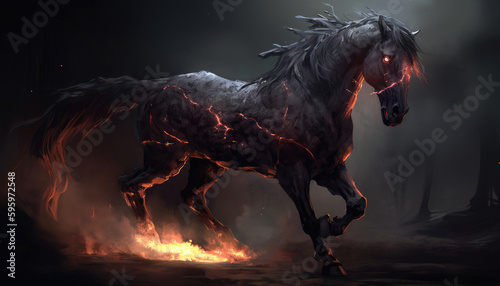 Black burning demonic horse with fiery eyes © davstudio