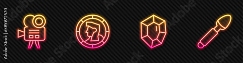 Set line Gem stone, Retro cinema camera, Ancient coin and Silver spoon. Glowing neon icon. Vector