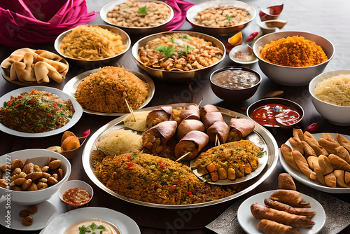 A traditional Eid feast, with dishes such as biryani, kebabs, and samosas arranged on a large platter in the center of a decorated dining table