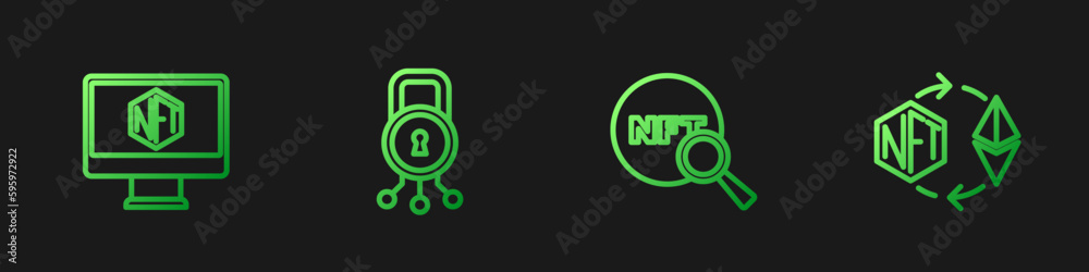 Set line Search NFT, Monitor with art store app, Cyber security and Ethereum exchange. Gradient color icons. Vector Set line Search NFT, Monitor with art store app, Cyber security and Ethereum exchange. Gradient color icons. Vector