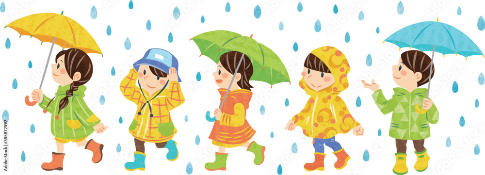 Obraz premium ６月 梅雨 傘をさす子どもたちのイラスト