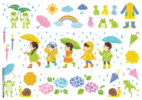 ６月　梅雨　傘をさす子どもたち　カエルや紫陽花などのイラスト素材セット　