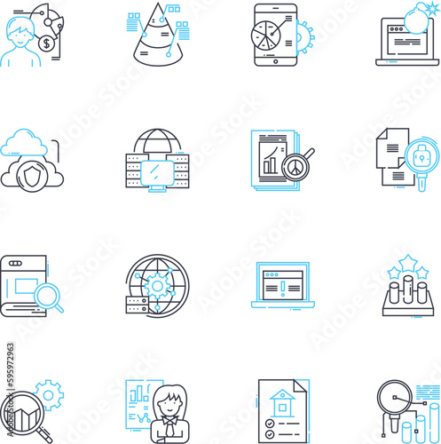 Deep data dives linear icons set. Analytics, Insights, Discovery, Investigation, Evaluation, Examination, Mapping line vector and concept signs. Visualization,Integration,Interpretation outline