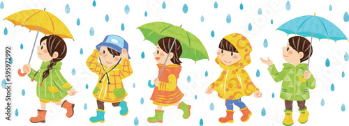 ６月　梅雨　傘をさす子どもたちのイラスト