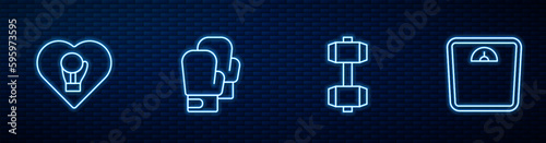 Set line Dumbbell, Boxing glove, and Bathroom scales. Glowing neon icon on brick wall. Vector