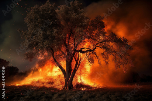 Striking beauty in destruction as a vibrant sky illuminates a burning tree in the natural landscape is AI Generative.