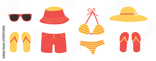 Vector illustration with beach accessories in a flat style. Flip-flops, sunglasses, shorts, swimsuit, hat