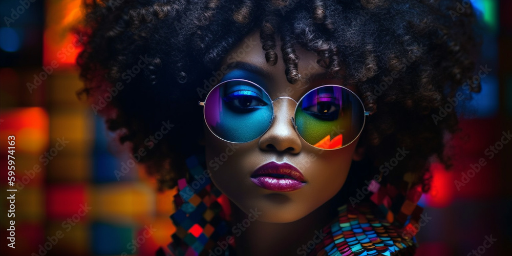 Hübsche Afroamerikanische Frau Model mit tollem Make-Up Styling und Disko Hintergrund, Nahaufnahme, ai generativ Hübsche Afroamerikanische Frau Model mit tollem Make-Up Styling und Disko Hintergrund, Nahaufnahme, ai generativ
