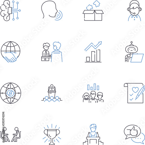 Workforce management line icons collection. Scheduling, Timekeeping, Productivity, Optimization, Efficiency, Forecasting, Analytics vector and linear illustration. Compliance,Supervision,Integration