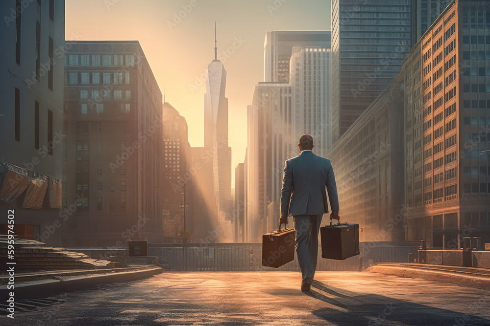 Obraz premium Businessman walking with briefcase in front of modern city at sunset. Generative AI