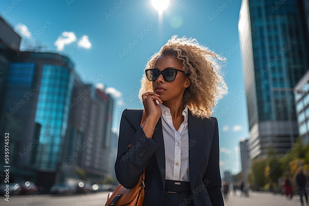 Fototapeta premium Beautiful african american businesswoman with curly hair and sunglasses walking in the city. Generative AI