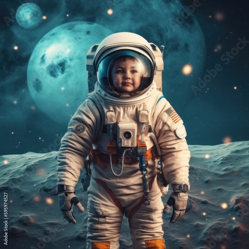 Astronaut in outer space. Little boy cosmonaut in outer space. Generative AI
