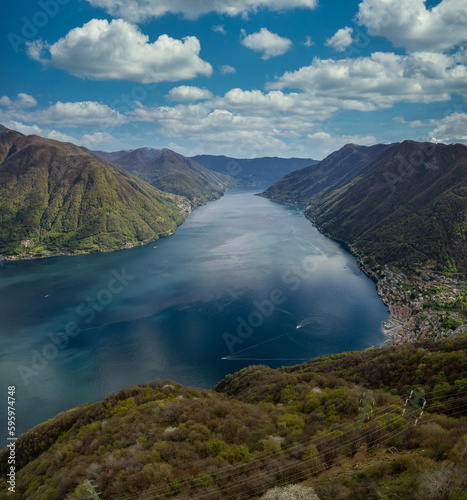 Aerial view of Lake Como (Lago di Como) between Argegno and Pigra, Lombardy, Italy photo