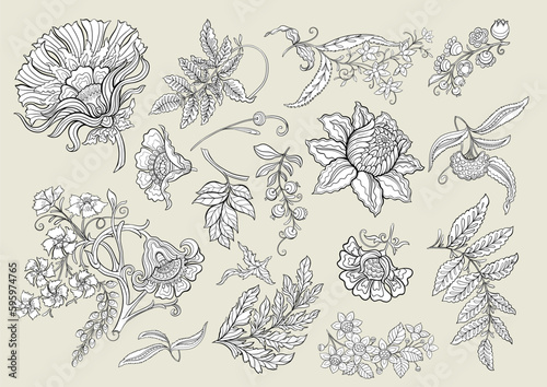 Fantasy flowers in retro, vintage, jacobean embroidery style. Clip art, set of elements for design Vector illustration.