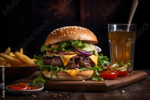 A huge hamburger beef burger filled with salad and cheese. Dipping sauces, fries and drink alongside. Generative AI.