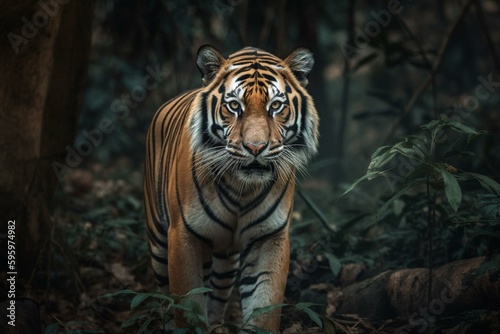 Intense Bengal tiger in the forest. Generative AI