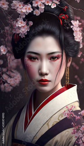 Japanese girl in kimono with pink sakura flowers, watercolor generative ai art poster