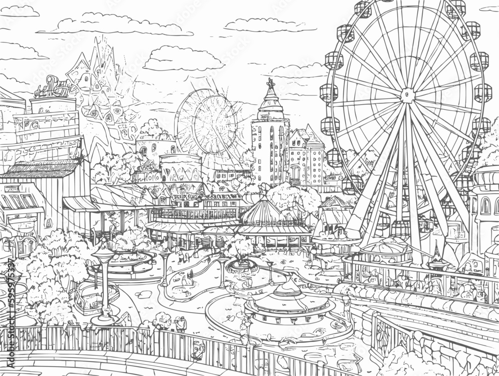 Amusement park with ferris wheel coloring book for kids easy drawing clean.