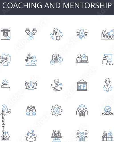 Coaching and mentorship line icons collection. Teaching and guidance, Leadership and direction, Training and instruction, Advice and counsel, Education and development, Support and encouragement