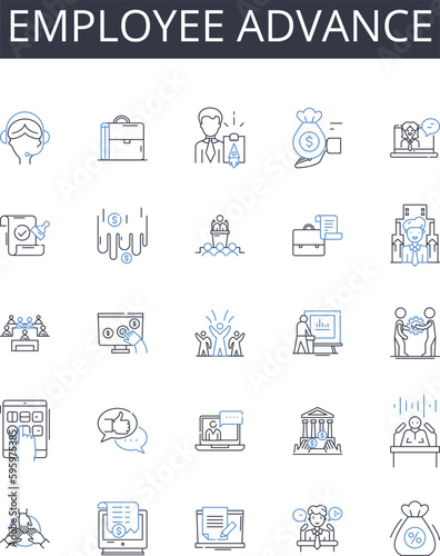 Employee advance line icons collection. Staff growth, Worker development, Personnel improvement, Team progress, Staff promotion, Employee training, Team advancement vector and linear illustration