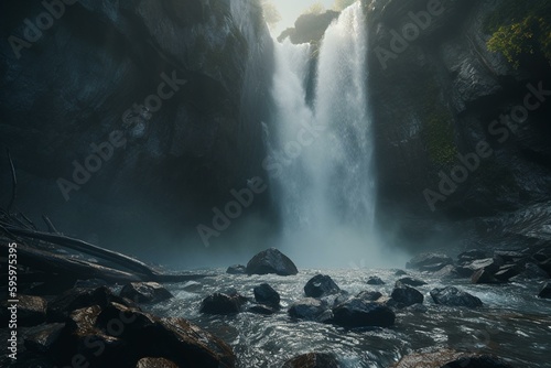 Experience the beauty of a hyper-detailed waterfall in Unreal Engine 5. Cinematic. Colorful. Misty. Powerful. Abyss. Unleashed. Stunning. Visuals. Realistic. Detail. Generative AI