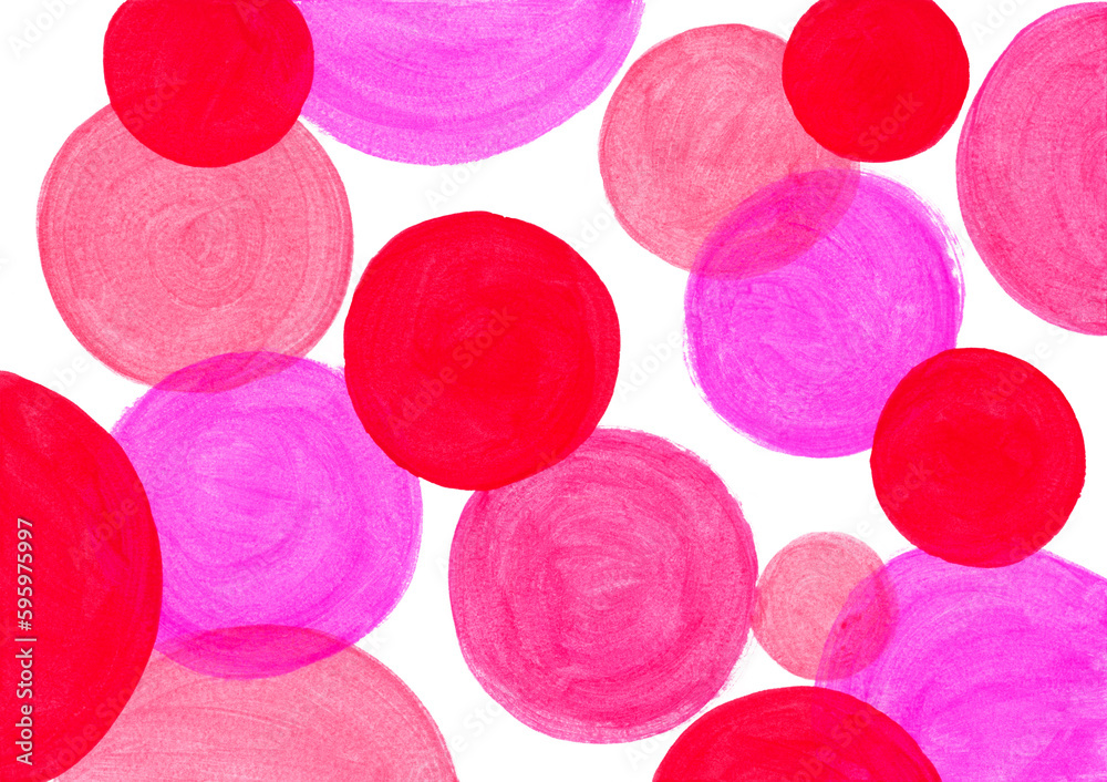Artistic abstract background with hand painted circles of different diameters. Acrylic, gouache or watercolor pink, red, fuchsia colors paint. Circle shape design elements.