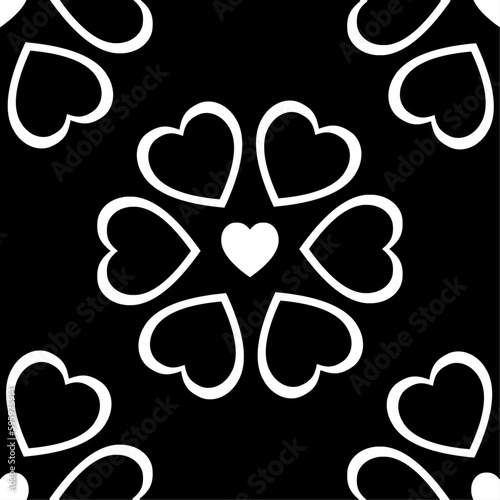 Patrón de flores compuestas por corazones en trazo blanco sobre fondo negro