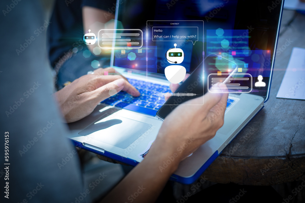 Chatbot Ai Artificial Intelligence technology concept.Man Hands holding mobile phone Chatbot Ai Artificial Intelligence technology concept.Man Hands holding mobile phone