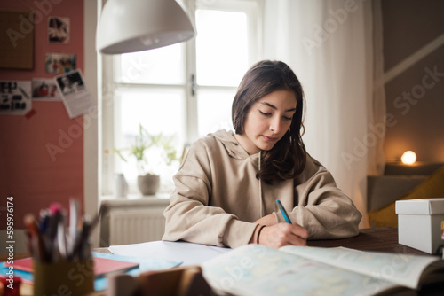 Young teenage girl studying in her room.