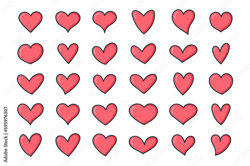 Set of cute pink volumetric hearts with stroke. Cartoon vector illustration.