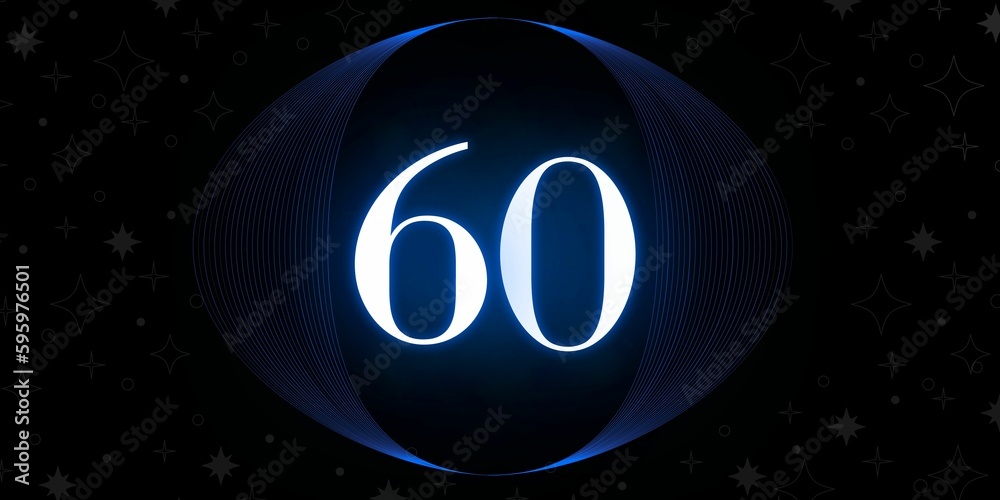 Number 60. Banner with the number sixty on a black background and white
