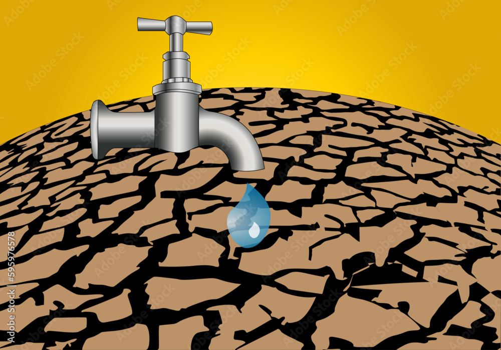 Sequía. Terreno agrietado por falta de agua con grifo goteando. Cambio climático