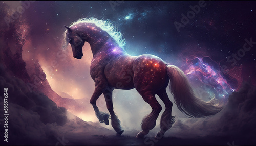 a majestic white fantasy horse in space, scifi galaxy theme, generative ai technology
