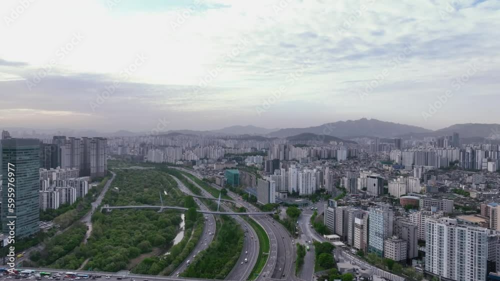 Drone View of Seoul city in South Korea, Sunrise in Yeouido Financial District Drone View of Seoul city in South Korea, Sunrise in Yeouido Financial District