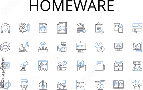 Homeware line icons collection. Cookware, Tableware, Glassware, Flatware, Bedding, Lighting, Furniture vector and linear illustration. Cutlery,Bakeware,Bed linens outline signs set