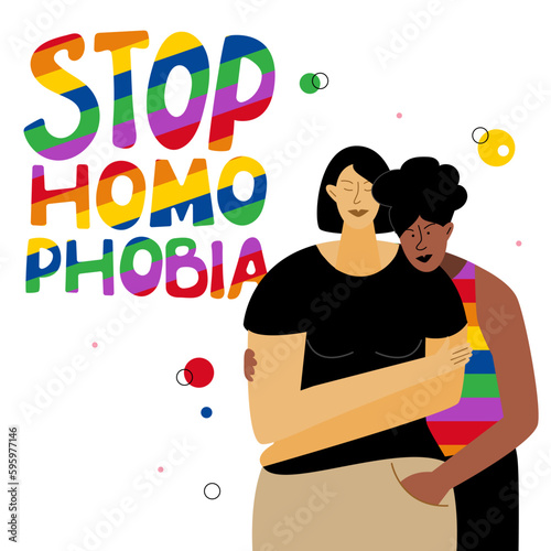 The LGBTQ couple, girl, African American woman and phrase rainbow lettering STOP HOMOPHOBIA. They celebration pride month, LGBT parade. The Illustration good for web landing page, UI UX website design