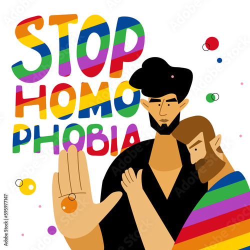 The  LGBTQ couple, man and phrase, rainbow lettering STOP HOMOPHOBIA. The celebration pride day, LGBT parade. The Illustration good for poster or UI UX design or stories.