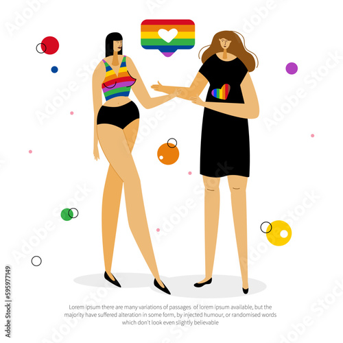 The LGBTQ womans couple сelebration pride month, LGBT parade. The Illustration good for web landing page, UI UX website design or stories.