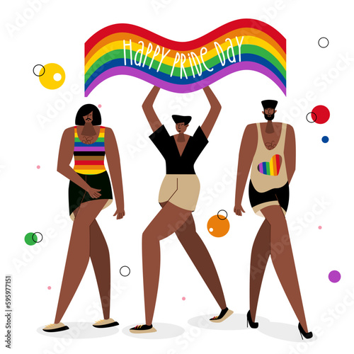 The LGBTQ mans, African American group persons with rainbow flag and phrase HAPPY PRIDE DAY. They celebration pride day, LGBT parade. The Illustration good for poster or UI UX design or stories.