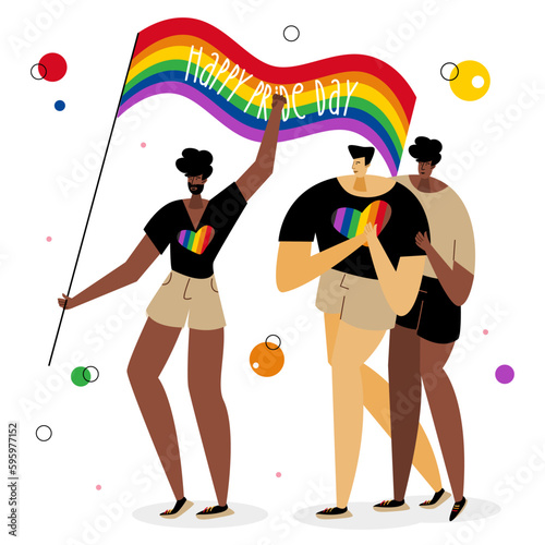 The LGBTQ mans, group male or persons with rainbow flag and phrase HAPPY PRIDE DAY. They celebration pride day, LGBT parade. The Illustration good for poster or UI UX design or stories.
